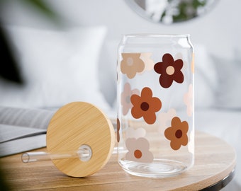 Boho flowers Libbey Glass 16oz, Floral Iced Coffee Cup, Wildflower Glass Can, Glass Tumbler Cup with Lid & Straw, Nature Mug