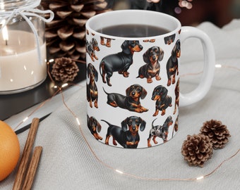 May include: White ceramic mug with a pattern of black and brown dachshund dogs. The mug is filled with coffee.