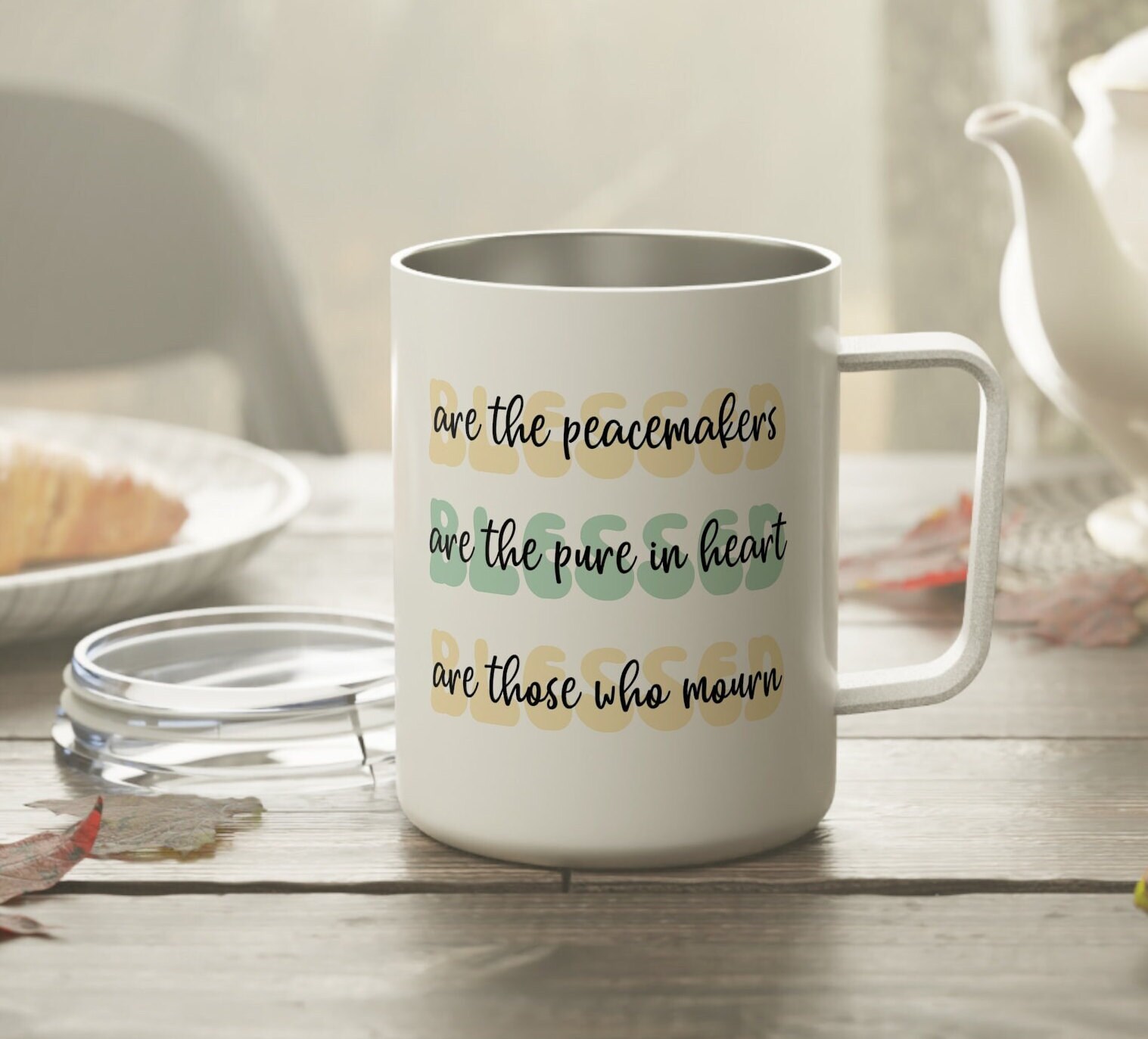 Christian Coffee Mug with lid, Blessed, Scripture Mug, Celebrating Jesus, , Insulated Coffee Mug, 10oz