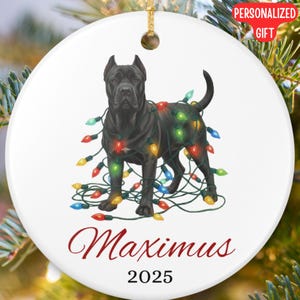May include: A round white ceramic ornament featuring a black Cane Corso dog wrapped in colourful Christmas lights. The name Maximus is printed in red script below the dog, with the year 2025 printed in black text underneath the name.