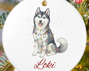 Siberian Husky Ornament with Christmas Lights, Personalized Dog Name Ornament 2025, Custom Holiday Gift for Husky Lovers and Pet Parents
