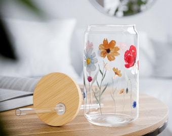 Boho Wildflowers Libbey Glass 16oz, Floral Iced Coffee Cup, Wildflower Glass Can, Glass Tumbler Cup with Lid & Straw, Nature Mug