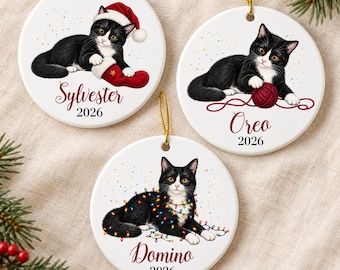 Personalized Tuxedo Cat Ornament, Cat Lover Christmas Gift, Custom Pet Name and Year, Glossy Ceramic Keepsake, Cat Mom Holiday Decoration