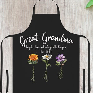 Personalized Apron with Birth Flower and Kids names, Great Grandma, Nana&#39;s Kitchen, Valentines Mothers Day or Birthday Gift for Grandma