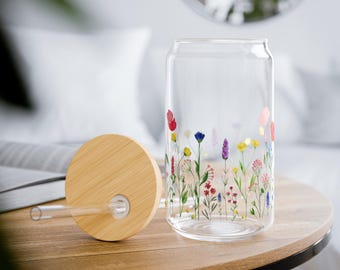 Boho Wildflowers Libbey Glass 16oz, Floral Iced Coffee Cup, Wildflower Glass Can, Glass Tumbler Cup with Lid & Straw, Nature Mug