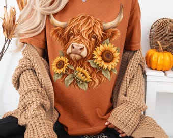 Highland Cow Sunflower Shirt, Comfort Colors Tee, Cow Lover Birthday Gift, Floral Cattle Graphic T-Shirt, Country Western Top for Women