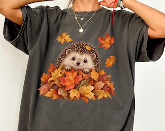 Hedgehog Lover Gift Shirt, Comfort Colors Fall T-Shirt, Cute Hedgehog in Autumn Leaves, Woodland Animal Tee, Cozy Nature Lover Birthday Gift