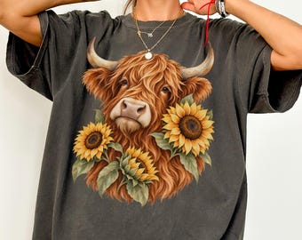 Highland Cow and Sunflowers Shirt, Comfort Colors Botanical Animal Tee, Shaggy Scottish Cow Portrait, Rustic Country Cottagecore T-Shirt