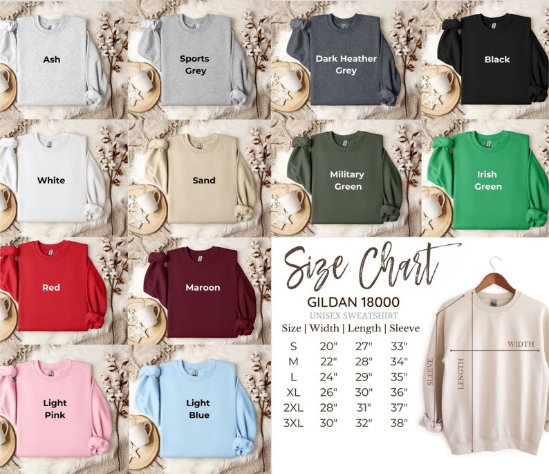Peut inclure: Un tableau des tailles pour les sweat-shirts unisexes Gildan 18000, indiquant la largeur, la longueur et la longueur des manches en pouces pour les tailles S &agrave; 3XL. Le tableau est affich&eacute; sur un sweat-shirt beige avec un cintre.