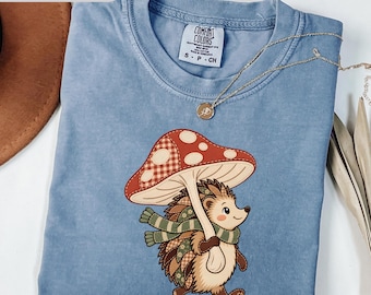 Cottagecore Hedgehog Mushroom Umbrella Tee, Gingham Floral Patchwork Woodland Animal Shirt