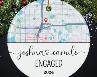 Ceramic Ornament, Custom Map Engagement Gift for Newly Engaged Couple, Heart Keepsake, Map Location Keepsake, Engaged Couple Gift