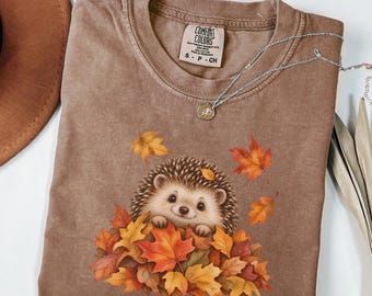 Fall Hedgehog Shirt, Comfort Colors Woodland Animal Tee, Watercolor Style Autumn Leaves, Cottagecore Nature T-Shirt, Cute Hedgehog Gift