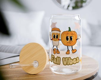 Fall Vibes Libbey Cup, Iced Coffee glass, Pumpkin Spice can, Fall Vibes 16oz Glass Sipper Cup with Lid and Straw, Gift for fall season