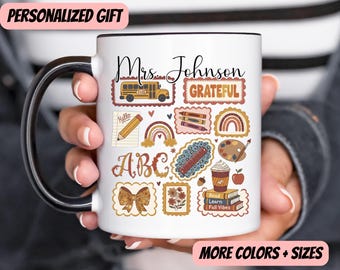 Fall Teacher Mug, Retro Grateful Teacher Gift, Custom Name Coffee Cup, Cute Boho Teacher Appreciation Present, Back to School Gift