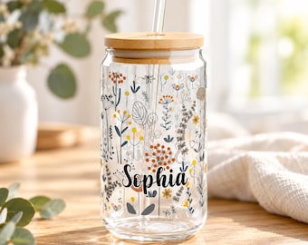 Boho Wildflowers Libbey Glass 16oz, Floral Iced Coffee Cup, Wildflower Glass Can, Glass Tumbler Cup with Lid & Straw, Nature Mug