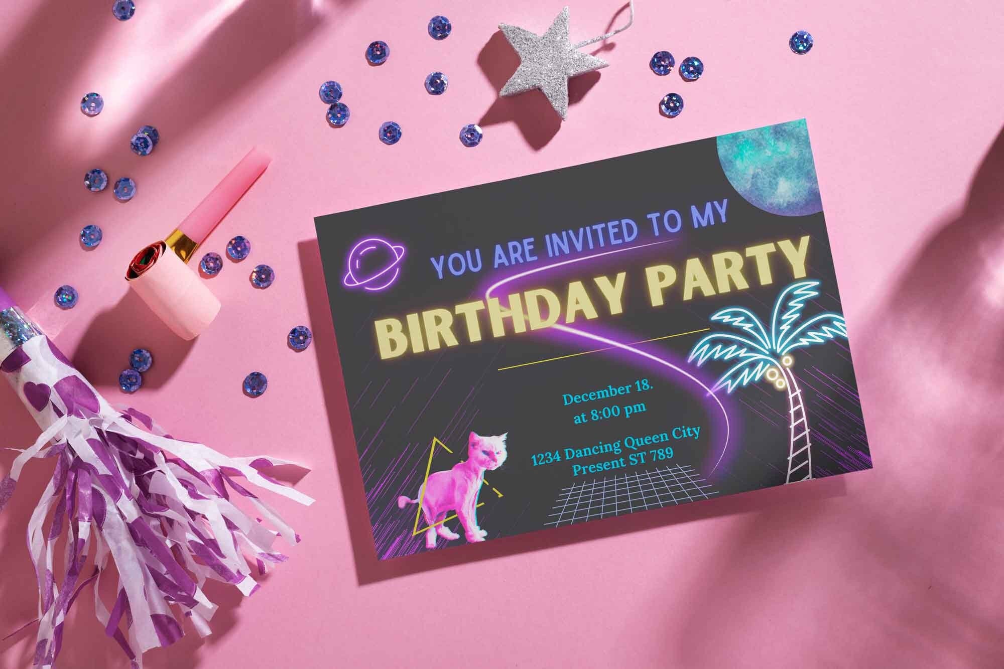 Editable Birthday Neon Party Invitation Template - Etsy