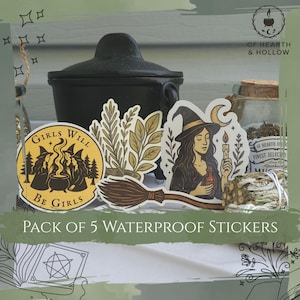 Witchy Waterproof Sticker Pack – Set of 5 | Altar, Coven, Mortar & Pestle, Witch, Broom – Stickers for Spellbooks, Journals, Water Bottles