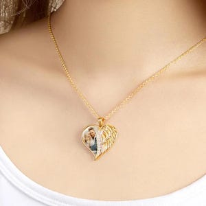Personalized Angel Wings Heart Necklace with Photo Remembrance Jewelry for Women with Name Text Gold Plated Keepsake Memorial Gift for Her