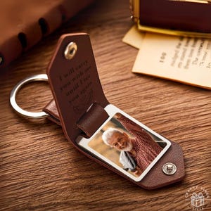 Porte-clés photo personnalisé avec texte gravé, cadeau souvenir souvenir commémoratif en cuir personnalisé pour papa, anniversaire, anniversaire, porte-clés personnalisable, pour lui