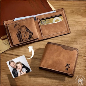 Leather Photo Wallet Custom Gift, Mens Bifold, Vintage Style (Engraved Initials, PU Leather, 4.7x3.8in)