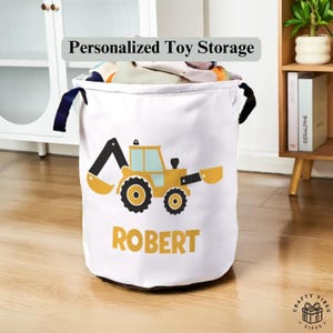 Caja organizadora de juguetes personalizada - Estampado de vehículos de construcción en tonos pastel, tela Oxford, regalo con nombre personalizado, almacenamiento para la habitación de los niños