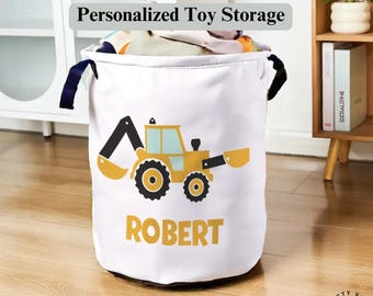 Toy Storage Box Personalized Organizer - Pastel Construction Vehicles Print, Oxford Cloth, Custom Name Gift, Kids Room Storage