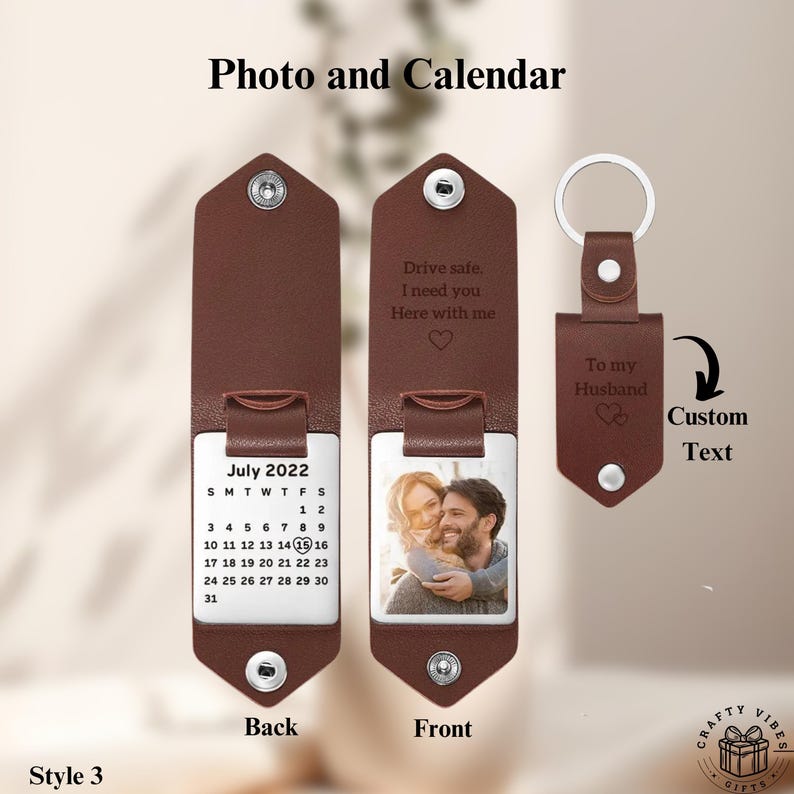 Custom Leather Photo Keychain Personalized Date Keyring Engraved Message Gift for Couple Anniversary Keepsake for Him Her Birthday Present