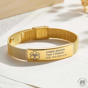 Braccialetto identificativo medico personalizzato con incisione per allerta, allergie ed emergenza (regolabile 6-8 pollici, acciaio inossidabile, unisex)