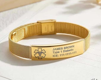 Custom Medical ID Bracelet Engraved Alert, Allergy & Emergency Tag (Adjustable 6-8in, Stainless Steel, Unisex)