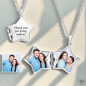 Personalized Star Locket Photo Necklace Custom Message Engraved Anniversary Pendant Copper Necklace Jewelry for Women Wedding Gift for Wife