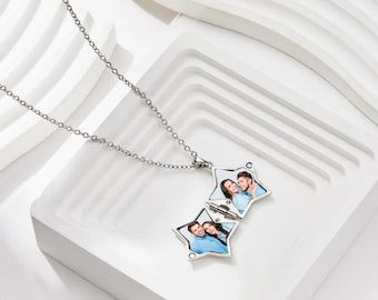 Gold Star Locket: Personalized Photo Pendant - Custom Engraving, Copper & Stainless Steel, Adjustable Chain