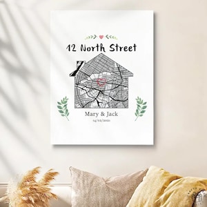Personalized New Home Map Canvas House Shape Address First Home Living Room Wall Decor Housewarming Gift for Newlywed Couples Homeowners