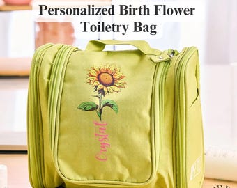 Borsa da toeletta con fiori di nascita personalizzata, borsa da viaggio impermeabile per compleanno, borsa da trucco appesa, organizer, borsa da toeletta, borsa per cosmetici, regalo per lei
