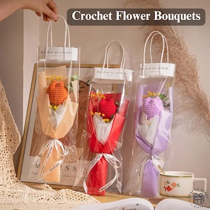 Crochet Flowers Bouquet Gift Handmade Knitted Flowers Tulip Bouquet with Light Strip Gift for Her Wedding Gift For Mom Valentines Birthday