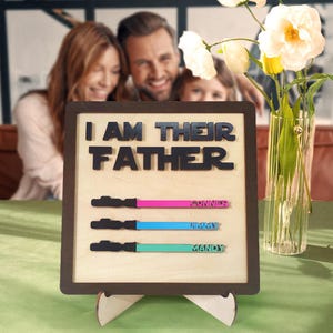 Personalized I Am Their Father Wood Star Wars-Inspired Decor Gift for Dad Birthday Present from Kids Custom Name Lightsaber Wood Plaque Idea