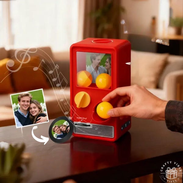 Vinyl Song Box Memory Capsule Gift, Retro Toy Machine, Personalized Music & Voice Recorder (7×7×17 cm, Compact Desk Decor)