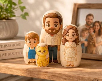 Personalized Custom Nesting Dolls ,Family & Pets Cartoon Portrait Set ,Hand-Painted Eco Wood Matryoshka Keepsake Gift