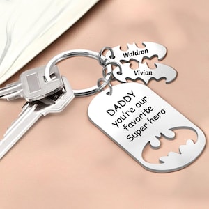 Personalized Stainless Steel Keychain with Kids Names Superhero Daddy Keyring Birthday Gift Ideas Dad Keyring Gift from Kids Gift for Dad