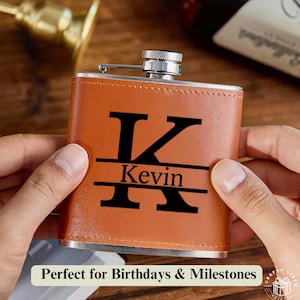 Custom Engraved Flask for Men Leather Stainless Steel Flask with Initials Birthday Gift for Him Groom Best Man Husband Alcohol Hip Flask