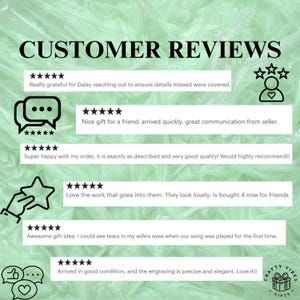 Customer reviews collage for personalized silicone watch bands, featuring star icons and speech bubbles on mint watercolor.