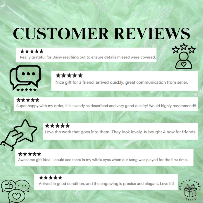 Customer reviews collage for personalized silicone watch bands, featuring star icons and speech bubbles on mint watercolor.