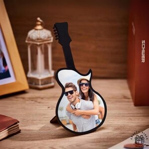 Music Photo Keepsake Guitar Frame, Personalized Gift, Black White Wood (19.9x10cm, Custom Photo Display)