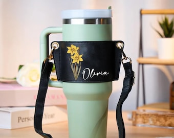 Custom Birth Flower Tumbler Sleeve Personalized, Bridesmaid Gift Design (Adjustable PU Leather Strap, Fits 40oz Tumblers, Eco Friendly)