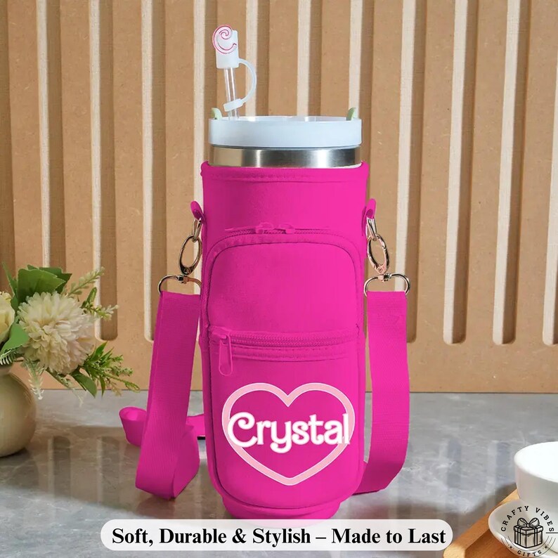 Custom insulated water bottle pouch with durable adjustable strap for hiking or travel. This personalized drink holder pouch keeps beverages cool and fits various bottle sizes. Perfect for gift giving to hikers, campers, and outdoor enthusiasts.