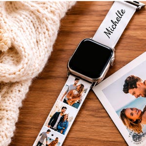 Personalized Apple Watch band with custom photo collage and name design printed on a soft silicone strap. The watch band is lightweight, comfortable for daily wear, sweat resistant, and compatible with Apple Watch sizes 38mm to 44mm. Perfect for personalized gifts, matching couple accessories, memorial keepsakes, or family-themed wearable fashion.