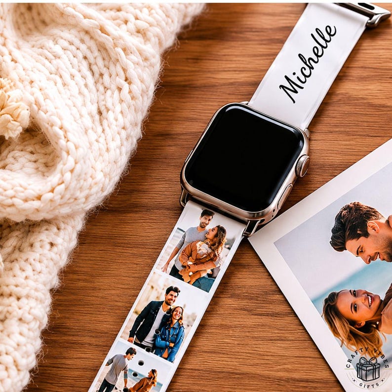 Personalized Apple Watch band with custom photo collage and name design printed on a soft silicone strap. The watch band is lightweight, comfortable for daily wear, sweat resistant, and compatible with Apple Watch sizes 38mm to 44mm. Perfect for personalized gifts, matching couple accessories, memorial keepsakes, or family-themed wearable fashion.