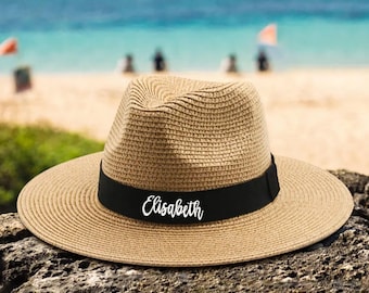 Party Favors Hat Custom Name Fedora, Embroidered Straw Design (Lightweight, 56-58cm, Sun Protection, Summer Beach Gift)