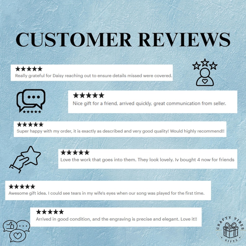 Blue customer reviews collage on a textured background for a custom photo watch, with five-star ratings and speech bubbles.