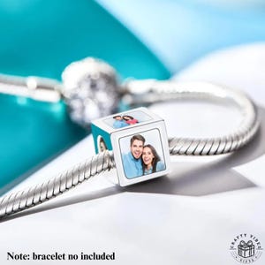 Engraved photo charm bracelet keepsake for wife, wedding anniversary gift idea.
