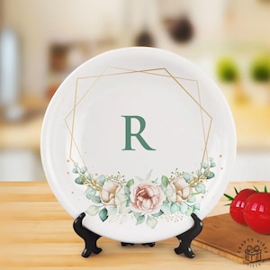 Plato de cerámica personalizado, recuerdo de aniversario, platos de cena con letra inicial, flores, monograma, regalo para parejas, exhibición de platos de citas